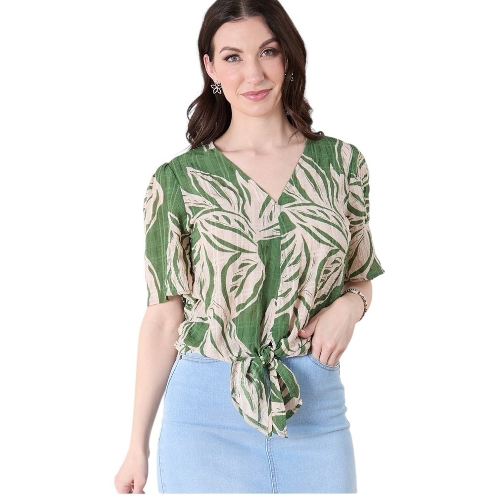 C by One Tropical Tie Front V-Neck Flutter Sleeve Blouse. Green Tan Size M #1412